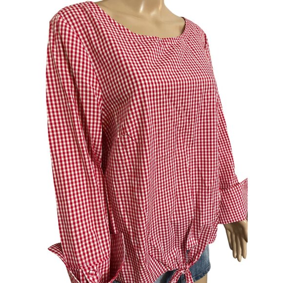 Max Jeans Red White Plaid Blouse Size Large - Picture 2 of 3